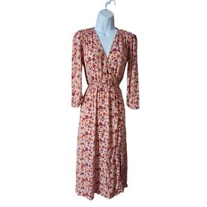 Reserved Eco Aware Pink Floral V-Neck A-Line Dress 3/4 Sleeve W Side Slit 2